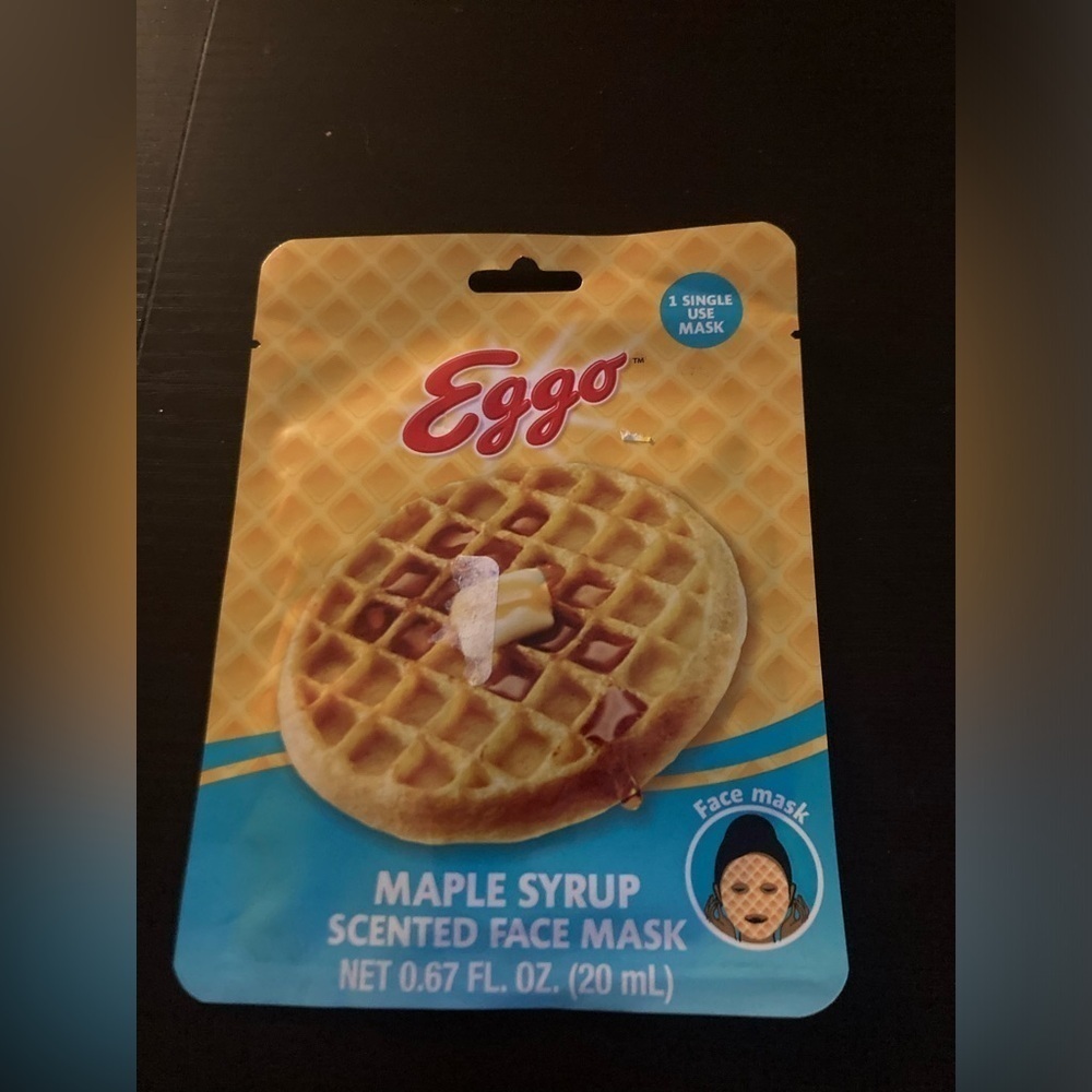4/$25 Eggo Maple Syrup Scented Face Mask. 0.67 fl oz size. 1 single use mask.